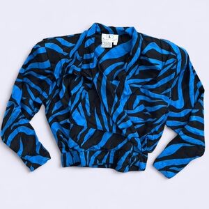Vintage 80s Flora Kung Silk Zebra Print Wrap Blouse Shoulder Pads